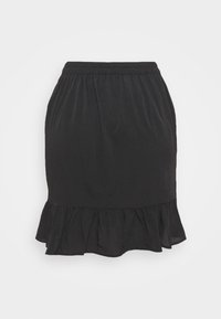 Jupe noire longueur genou en tissu lisse avec un ourlet volanté. Dispose d'une ceinture élastique pour un ajustement modulable. Design simple et classique.