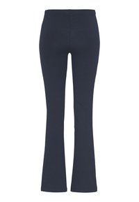Marineblaue Schlaghosen aus weichem, dehnbarem Stoff mit einem elastischen Bund und glatter Textur, die ein schlankes Design aufweisen.