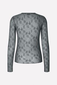 Long-sleeve, sheer gray top with a floral pattern, featuring delicate rose designs intertwined with thin vines across the back.