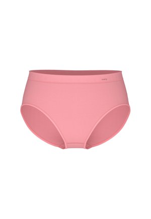 Roze hooggesneden slipje gemaakt van zachte stof, met een gladde textuur en een eenvoudig ontwerp zonder patronen of accenten.