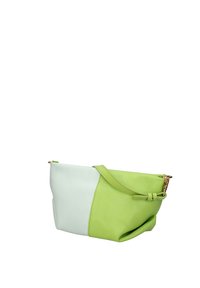 Borsa a mano in pelle verde e blu chiaro con finitura testurizzata, dotata di una chiusura dorata e una tracolla per il trasporto a mano o a spalla.