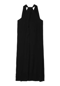 Schwarzes, ärmelloses Kleid aus einem glatten Stoff, mit einem Design mit Schlüsselloch-Ausschnitt auf dem Rücken und einer langen, fallenden Silhouette mit seitlichen Schlitzungen.