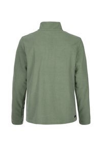 Giacca in pile verde, colletto alto, maniche lunghe, texture liscia, retro dritto, con un piccolo logo del brand vicino all'orlo.