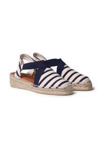 Espadrillas in tela a righe nei colori blu navy e bianco, con suola in corda di juta e design con cinturini incrociati per una vestibilità sicura.