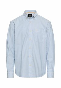 Skjorte med knapper i lyseblå og hvide striber, lange ærmer, med en enkelt brystlomme og blødt bomuldsmateriale.