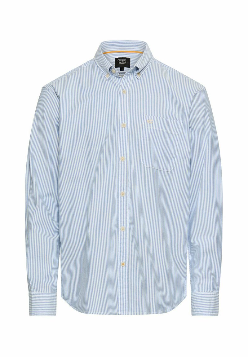 Skjorte med knapper i lyseblå og hvide striber, lange ærmer, med en enkelt brystlomme og blødt bomuldsmateriale.
