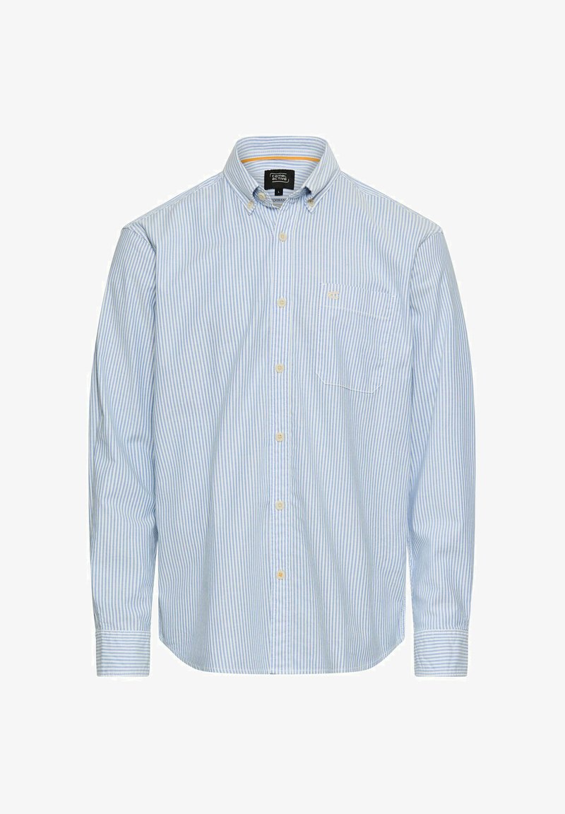 Skjorte med knapper i lyseblå og hvide striber, lange ærmer, med en enkelt brystlomme og blødt bomuldsmateriale.