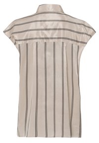 Satinbluse in hellbeige mit vertikalen schwarzen Streifen. Verfügt über einen Kragen und kurze Ärmel, hat eine lockere Passform und eine Rückenfalte.