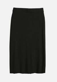 Musta ribbed midi-hame, jossa on tiukka vyötärö ja A-linjainen siluetti. Sileä pinta pystysuorilla raidoilla lisäyksinä.