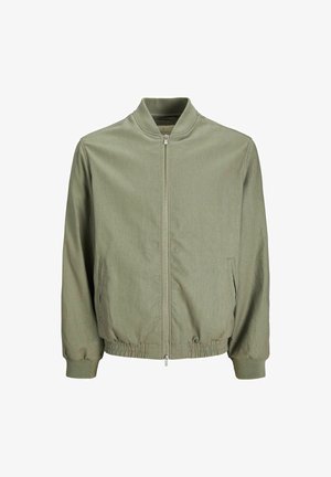 Green bomber jacket with a zip front, ribbed collar and cuffs, side pockets, and elastic waistband. Made from a lightweight fabric.