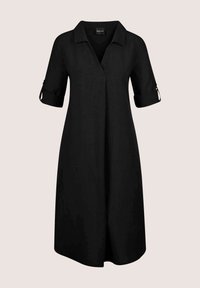 Schwarzes Leinenkleid mit einem Kragen-Ausschnitt, kurzen, aufgerollten Ärmeln und einer lässigen Passform. Es hat einen V-Ausschnitt und eine fließende Silhouette.