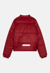 Red, cropped puffer jacket with a stand-up collar, quilted texture, elastic cuffs, and a white accent on the back.