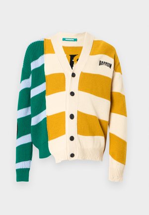 Cardigan lavorato a maglia con una combinazione di colori: crema con strisce gialle e verdi, con bottoni neri e un logo. Dettagli in tessuto testurizzato.