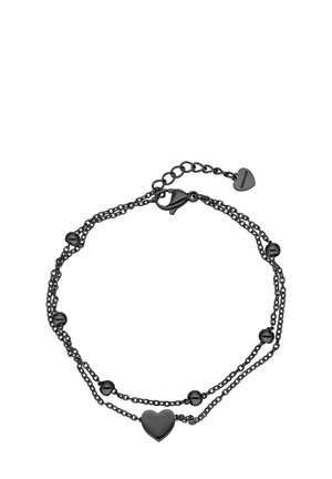Black double-chain bracelet with a central heart charm, five round beads, and a lobster clasp with an extension chain ending in a small heart tag.