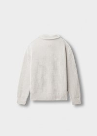 Light grey knitted sweater with a wide ribbed collar, dropped shoulders, and a textured surface. Includes a subtle logo on the back.