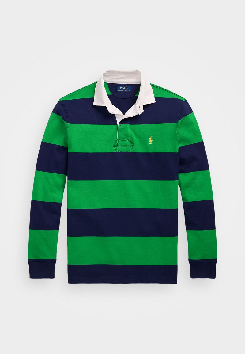 Långärmad polo skjorta med gröna och marinblå horisontella ränder, en vit krage och en liten broderad logotyp på bröstet.