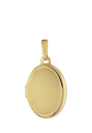 Oval-shaped closed gold locket pendant with a smooth, polished surface and a loop for attaching to a chain.