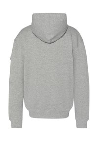 Grauer Hoodie mit weichem Material, langen Ärmeln und geripptem Saum. Auf der Rückseite sind keine sichtbaren Logos oder Muster.