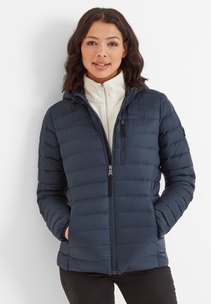 Navy puffer jacket with a hood, horizontal quilted design, front zipper, and black accents. Layered with a white fleece inner jacket.
