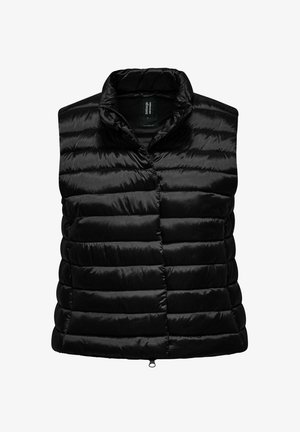 Czarna pikowana bezrękawnikowa kamizelka puchowa z kołnierzem stojącym i zamkiem błyskawicznym z przodu, zaprojektowana dla izolacji cieplnej i casualowego stylu.