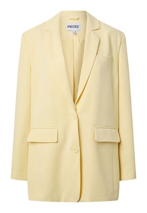 Light yellow women's blazer with two front flap pockets, two buttons, and a notched collar, labeled "PIECES" inside the collar.