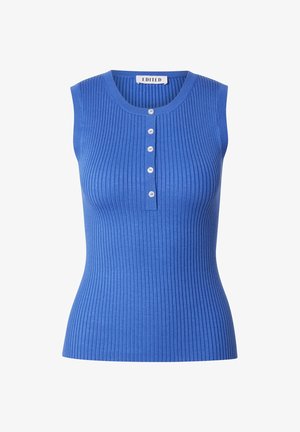 Blauw geribbeld mouwloos topje met een ronde hals, voorzien van een sluiting met vijf kleine knopen aan de voorkant en een getailleerd ontwerp.