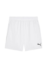 Weiße Sportshorts aus leichtem, atmungsaktivem Material. Mit einem elastischen Bund und einem kleinen schwarzen Puma-Logo an der unteren linken Seite.