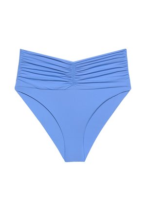Bas de bikini bleu clair taille haute avec détails froncés à la taille, conçu pour les maillots de bain.