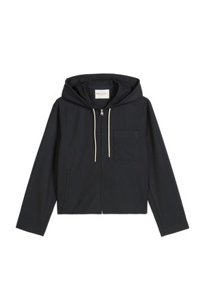 Marineblauwe zip-up hoodie van zachte stof met een capuchon met trekkoorden, een voorvak en lange mouwen. Minimalistisch ontwerp met een ontspannen pasvorm.