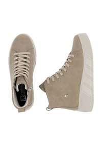 Beige high-top sneakers made of soft suede with a textured finish, featuring lace-up design, side zipper, and rubber sole with a ribbed pattern.