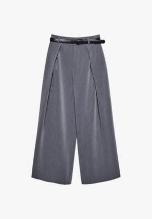 Graue weit geschnittene Hosen mit Bundfalten und einem schwarzen Gürtel, aus glattem Stoff, vor einem weißen Hintergrund präsentiert.