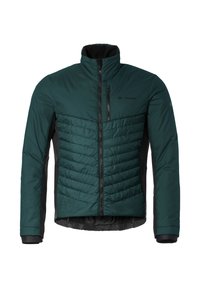 Giacca isolante verde con pannelli laterali neri, colletto alto, tasche con zip e dettagli cuciti testurizzati sul petto.