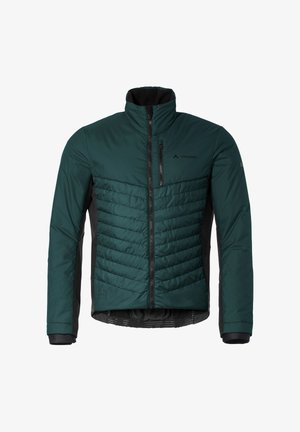 Grüne isolierte Jacke mit schwarzen Seitenpaneelen, hohem Kragen, Reißverschlusstaschen und strukturierten genähten Details auf der Brust.