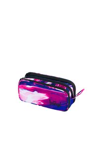 Astuccio a due scomparti con un motivo marmorizzato lucido rosa e viola, con accenti e zip nere, realizzato in tessuto resistente.