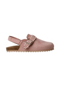 Sabot en daim rose à enfiler avec bride ajustable à boucle et semelle en liège rembourrée, talon ouvert avec bride de maintien.