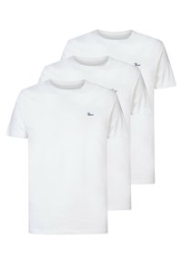 Tre hvide bomulds t-shirts med rund halsudsk�æring og korte ærmer. Hver shirt har et lille, marineblåt logo på venstre bryst.