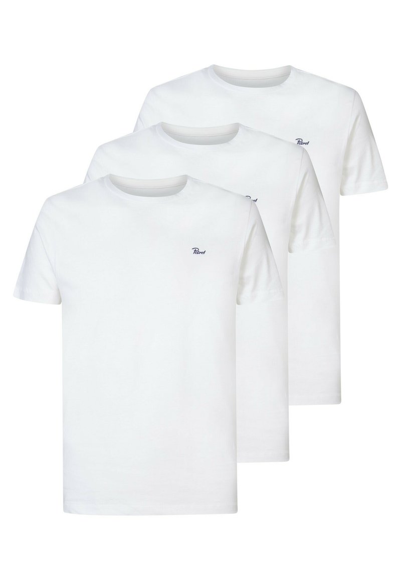 Tre hvide bomulds t-shirts med rund halsudskæring og korte ærmer. Hver shirt har et lille, marineblåt logo på venstre bryst.