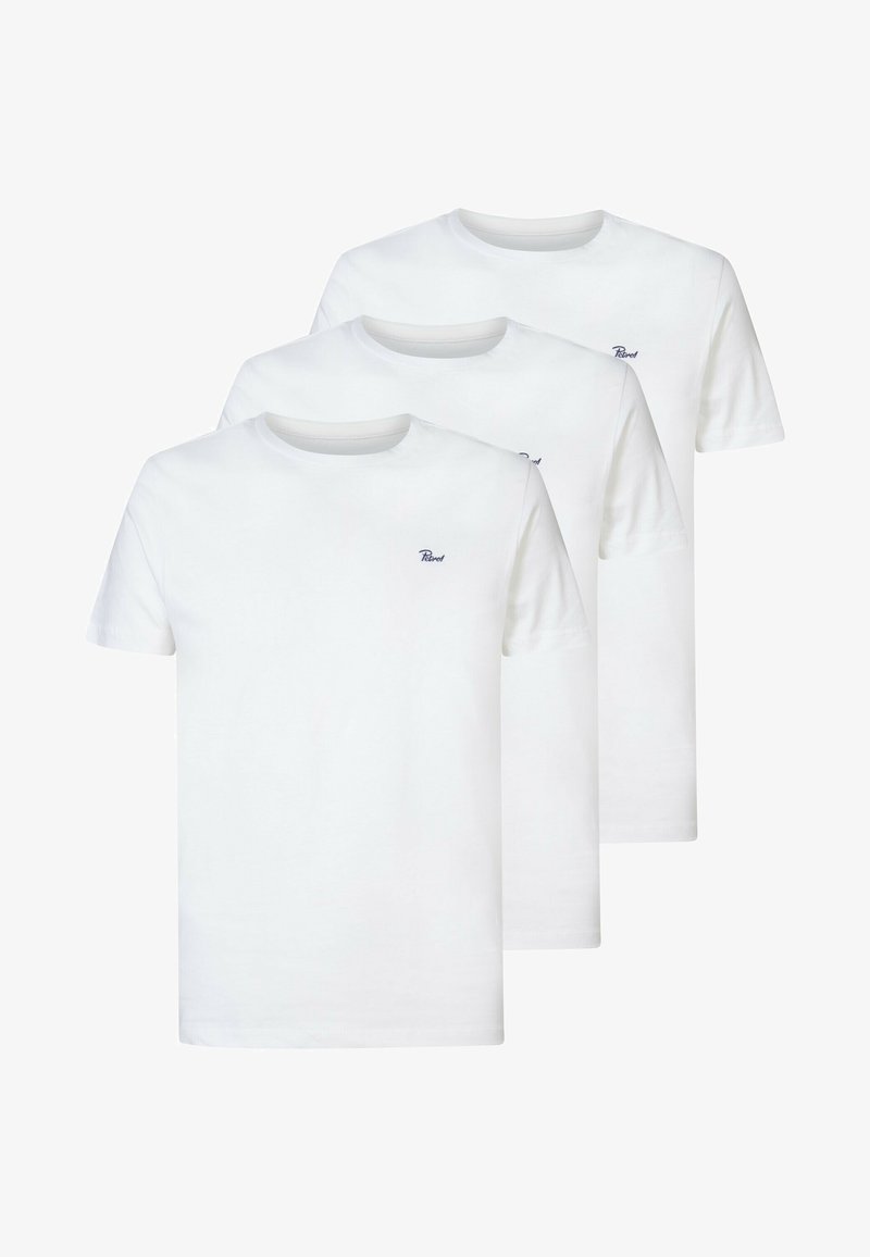 Tre hvide bomulds t-shirts med rund halsudskæring og korte ærmer. Hver shirt har et lille, marineblåt logo på venstre bryst.