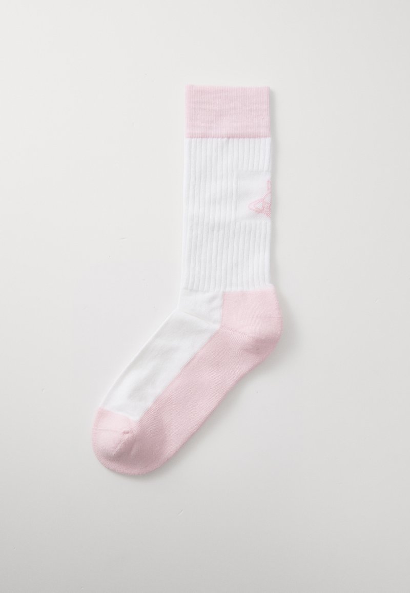 Weiß und hellrosa gestreifte Socke mit einem gerippten Bund, featuring einem rosa Akzent an der Zehe und einem dezenten Design an der Seite.