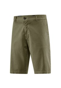 Pantaloni corti color verde oliva realizzati in tessuto leggero, con chiusura a bottone, frontale piatto e design a gamba dritta, completi di due tasche laterali.