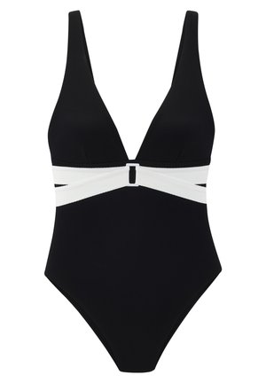 Black one-piece swimsuit with deep V-neck and white crisscross band detail below the bust.