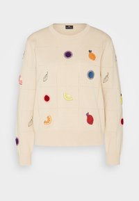 Dzianinowy sweter w kolorze ecru z kolorowym haftem owoców i liści. Posiada ściągacze przy mankietach i u dołu, okrągły dekolt oraz luźny krój.
