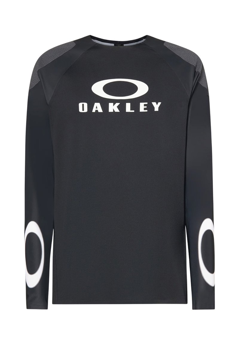 T-shirt Oakley noir à manches longues avec logo blanc sur la poitrine et motifs circulaires sur les deux manches, avec panneaux texturés aux épaules.