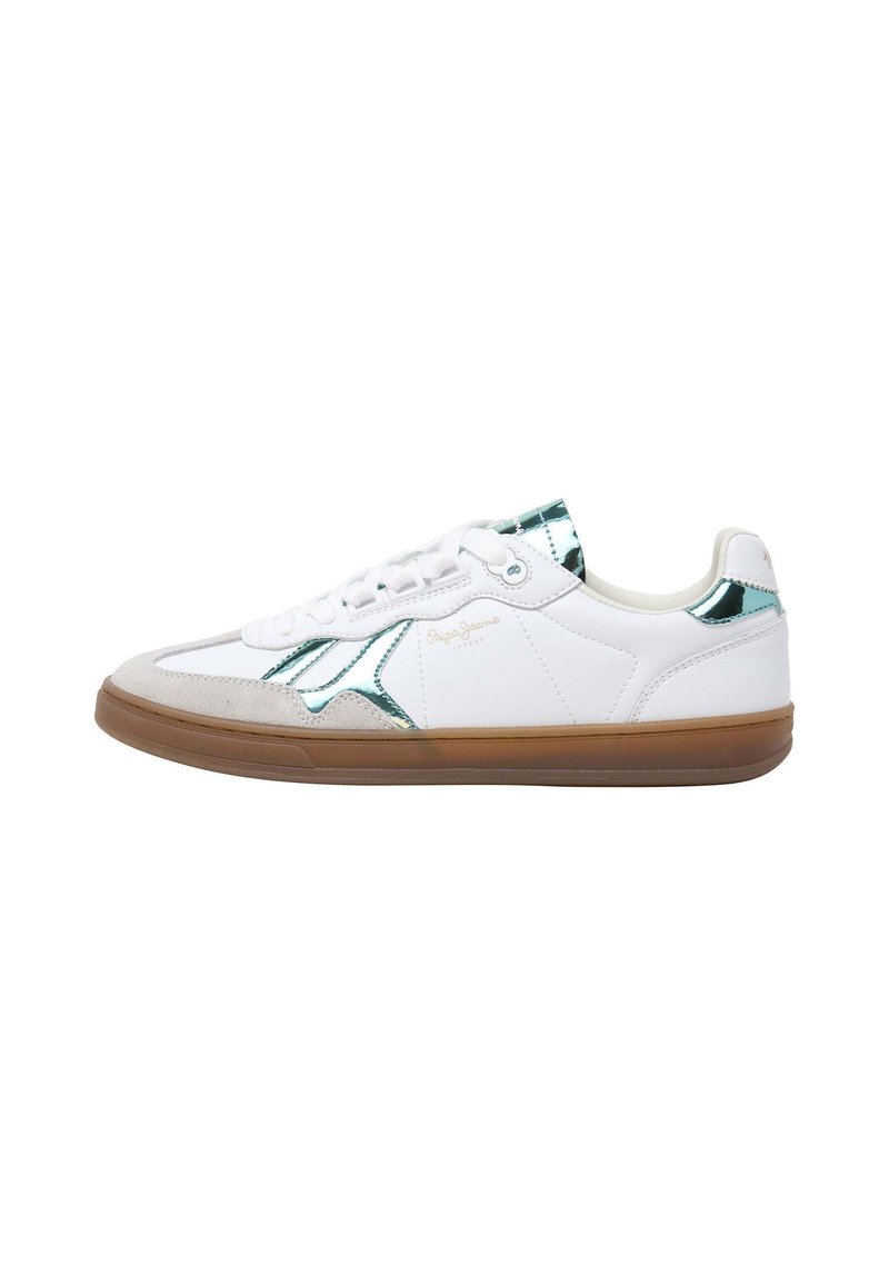 Valged tennisjalatsid tehalde aktsentidega, sile naha pealispind, hall suede varvas, ja kummist talle. Omab lamedaid paelu ja diskreetset brändi logo.