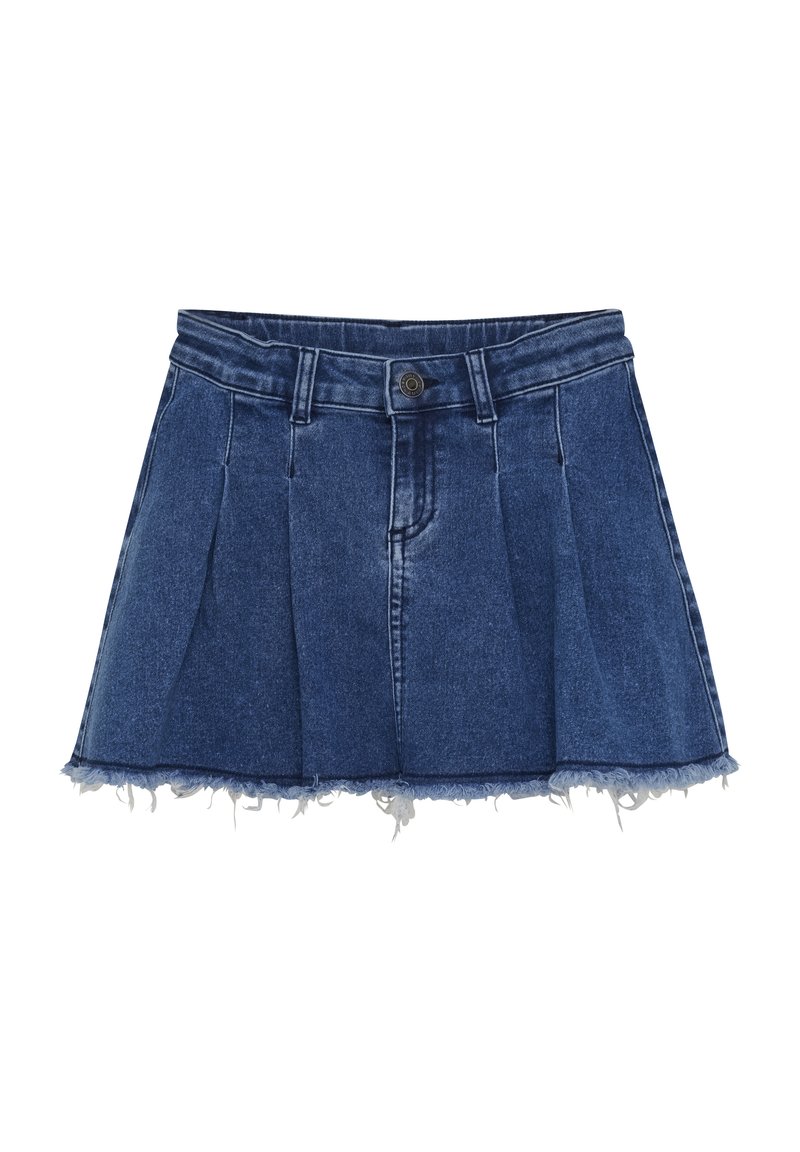 Denim rok in een donkere wassing met geplooid ontwerp, rafelige zoom, knoopsluiting en riemlussen. Lichtgewicht textuur en knielange stijl.