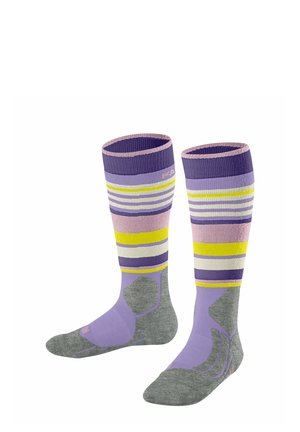Calcetines hasta la rodilla a rayas en púrpura, rosa, amarillo y gris. Hechos de un material suave, con textura y refuerzo en talones y puntas.