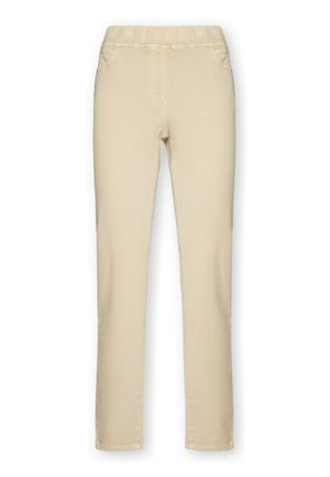 Beige Hosen mit schmaler Passform, elastischem Bund und zwei Vorderseiten-Taschen. Glatter Stoff und maßgeschneiderter Schnitt ohne sichtbare Verschlüsse.
