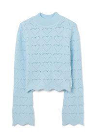 Himmelblaues, kurzes Sweatshirt mit Rippstruktur, das ein flächendeckendes Herzmuster und gewellte Kanten am Saum und an den Bündchen aufweist.