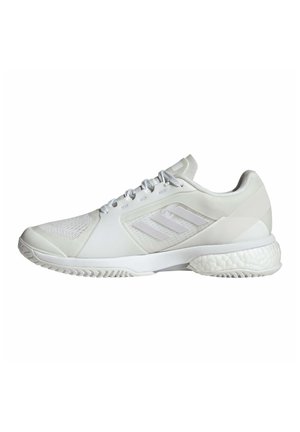 White athletic sneaker with mesh toe, lace-up closure, three side stripes, and textured cushioned sole designed for sports or running.