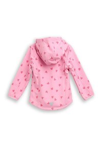 Rosa Jacke mit Kapuze, versehen mit einem Erdbeerherzmuster in verschiedenen Farbtönen. Hergestellt aus glattem Stoff mit elastischen Bündchen und einem Herzakzent.